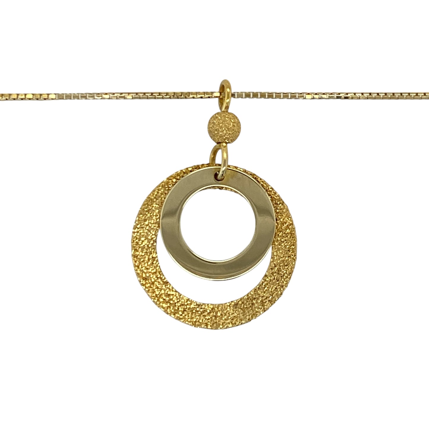 Add a touch of modern elegance and movement to your jewellery collection with this pre-owned 9ct yellow gold sparkle double circle drop pendant necklace—an eye-catching and versatile piece perfect for any occasion.

Design: This necklace features a stylish double circle drop pendant measuring approximately 3.1cm in length including the bail, with interlinked rings that create a graceful and fluid look enhanced by a sparkle finish.