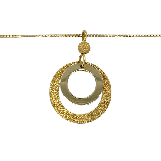 Add a touch of modern elegance and movement to your jewellery collection with this pre-owned 9ct yellow gold sparkle double circle drop pendant necklace—an eye-catching and versatile piece perfect for any occasion.

Design: This necklace features a stylish double circle drop pendant measuring approximately 3.1cm in length including the bail, with interlinked rings that create a graceful and fluid look enhanced by a sparkle finish.