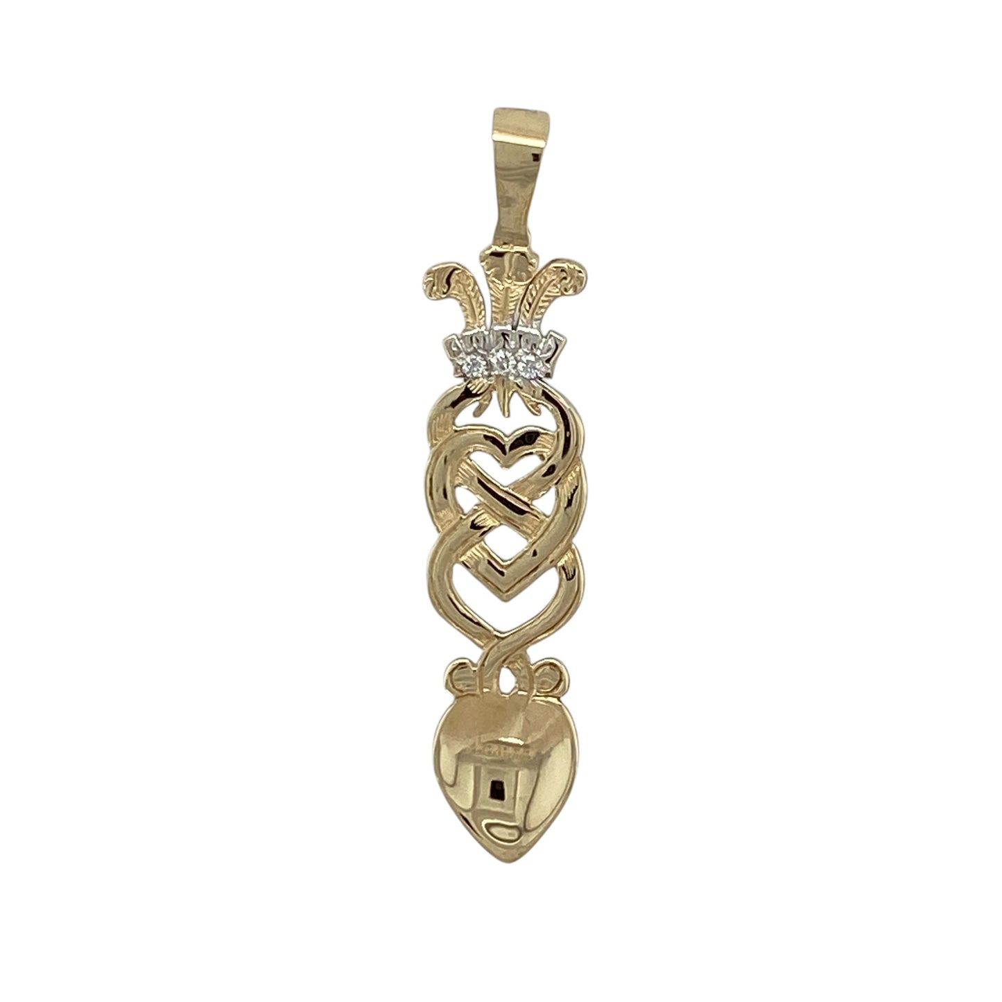 9ct Gold & Diamond Set Welsh Three Feathers Heart Lovespoon Pendant