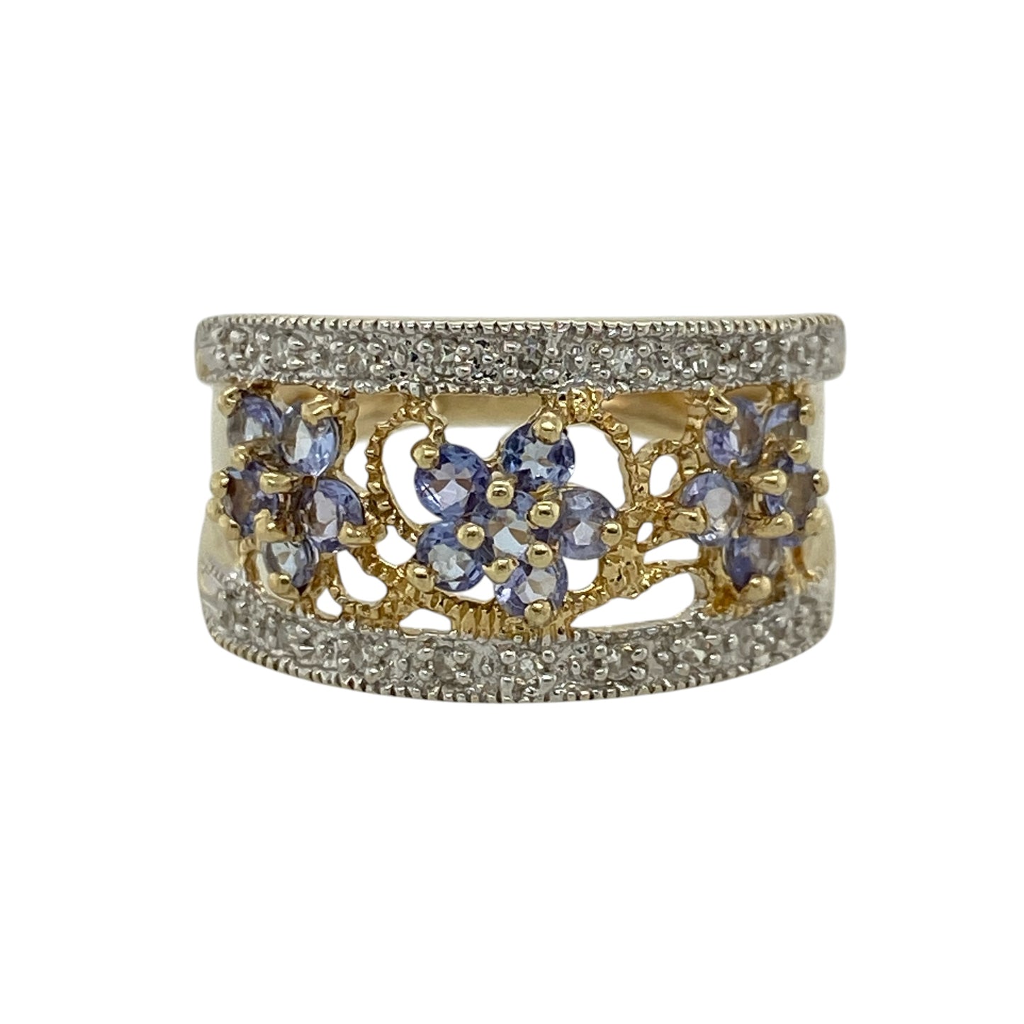 9ct Gold Diamond & Tanzanite Set Wide Band Ring