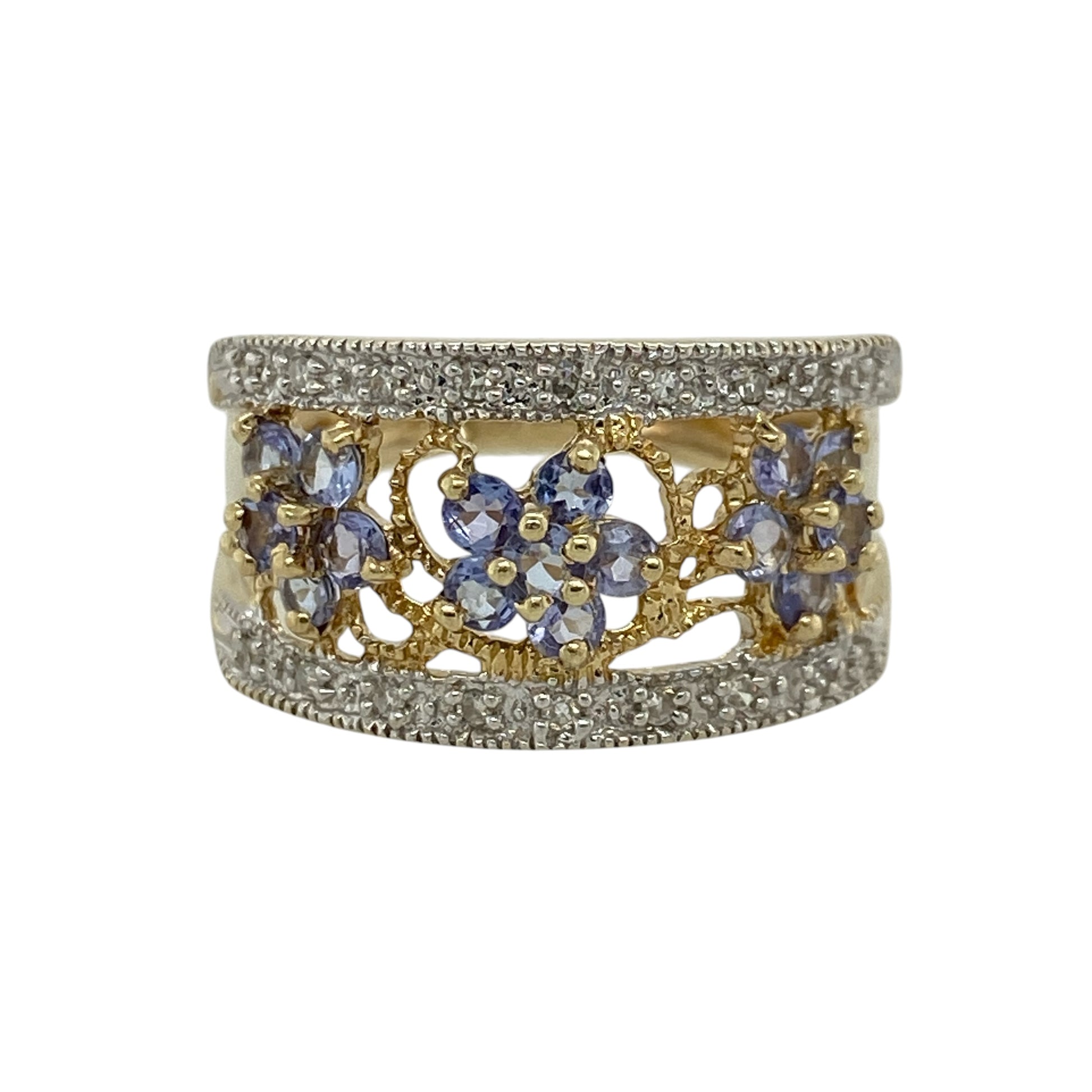 9ct Gold Diamond & Tanzanite Set Wide Band Ring