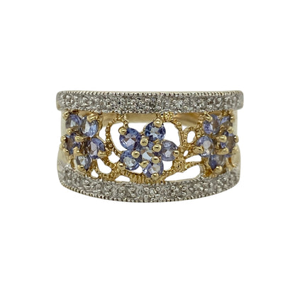 9ct Gold Diamond & Tanzanite Set Wide Band Ring
