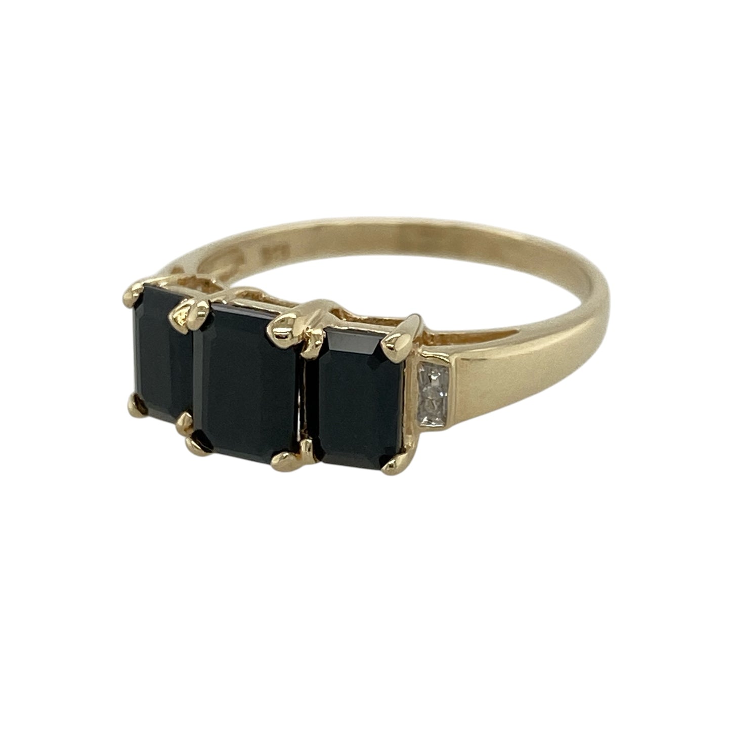 Add timeless elegance and rich colour to your jewellery collection with this pre-owned 9ct yellow gold diamond and sapphire set trilogy ring—an eye-catching piece perfect for everyday wear or special occasions.

Design: This ring features three rectangle-cut sapphire stones in a classic trilogy arrangement, with the centre stone measuring approximately 7mm by 5mm and the two side stones each approximately 6mm by 4mm. Sparkling diamond accents enhance the design for added brilliance.