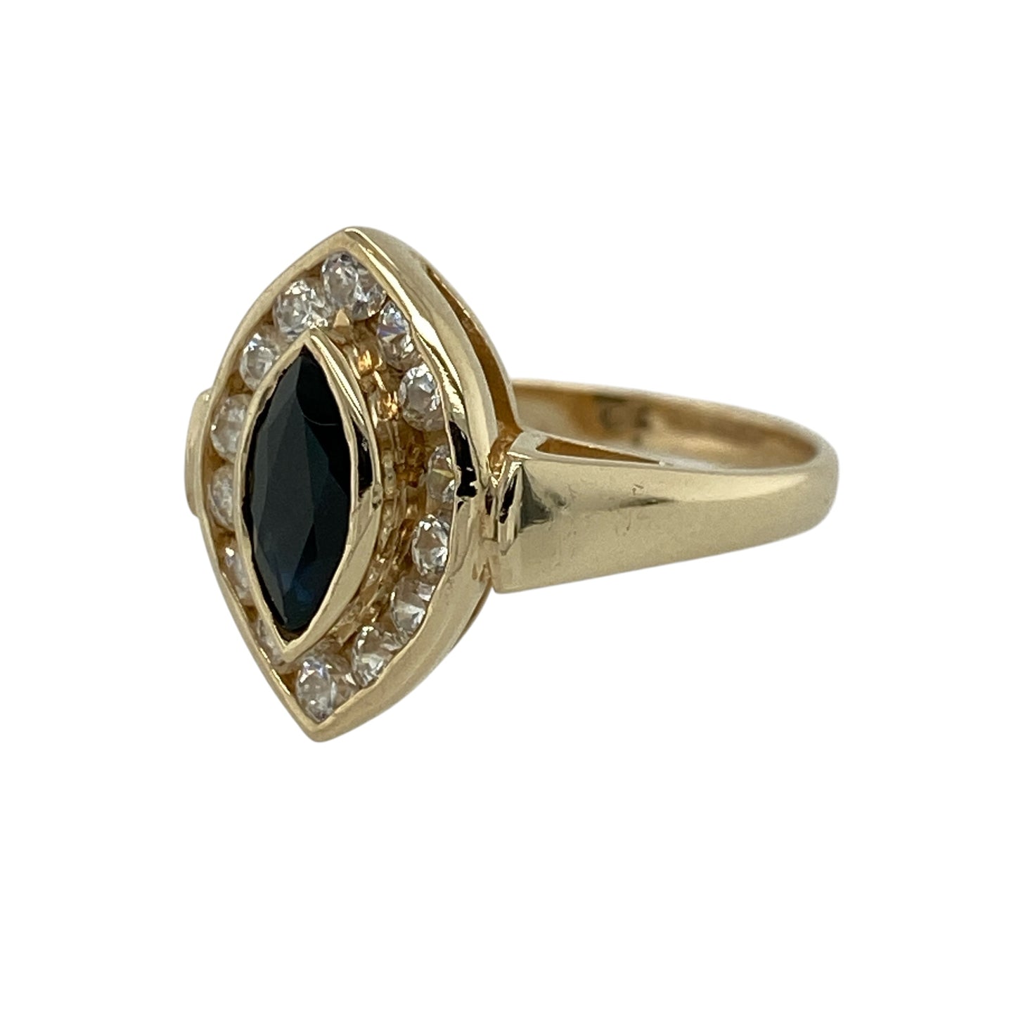 Add a touch of classic glamour to your jewellery collection with this pre-owned 9ct yellow gold sapphire and cubic zirconia marquise cluster ring, featuring a rich blue centre stone and sparkling surround—perfect for special occasions or elegant everyday wear.

Design: The ring features a marquise-shaped sapphire measuring approximately 8mm by 4mm at its centre, surrounded by a cluster of cubic zirconia stones that enhance its brilliance and create a striking elongated silhouette.