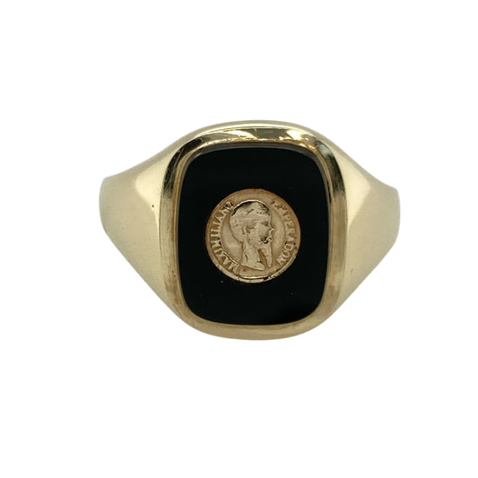 9ct Gold & Onyx Set Rectangle Coin Signet Ring