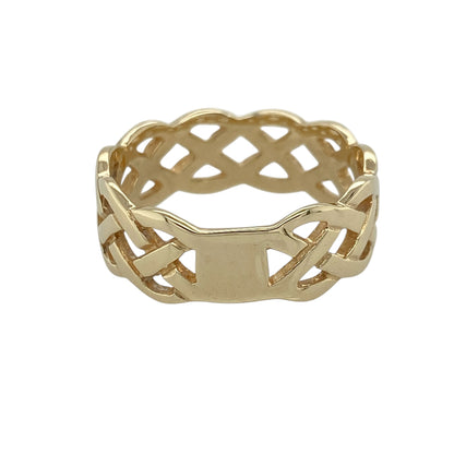 Add meaningful design and timeless style to your jewellery collection with this pre-owned 9ct yellow gold Celtic knot band ring, featuring an intricate open weave pattern—perfect for everyday wear or symbolic gifting.

Design: The ring showcases an open Celtic weave knot design, with interlacing patterns that symbolise eternity and connection, creating a detailed and eye-catching look.