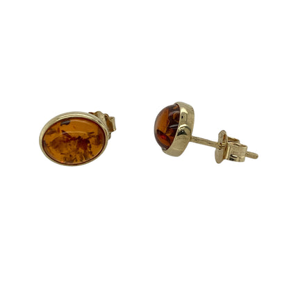 9ct Gold & Amber Oval Stud Earrings