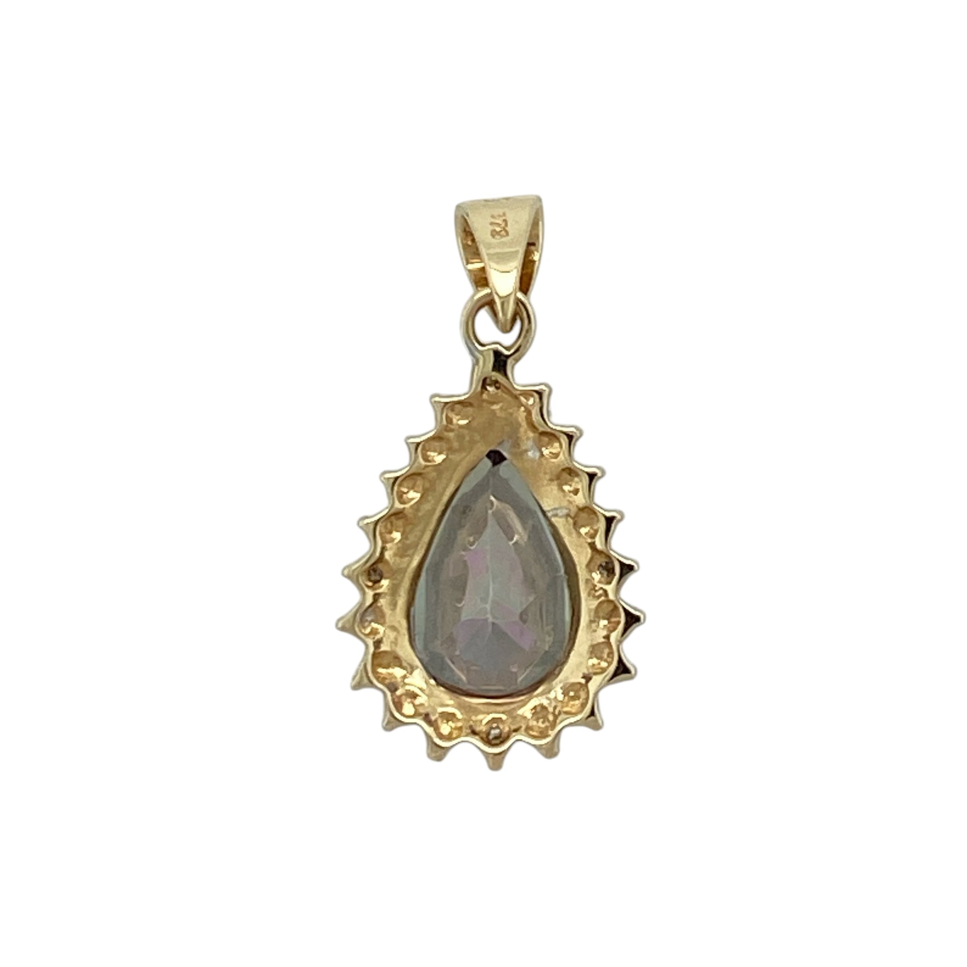 Add vibrant colour and elegance to your jewellery collection with this pre-owned 9ct yellow and white gold mystic topaz pendant, featuring a striking teardrop design and eye-catching iridescence—perfect for special occasions or standout everyday wear.

Design: The pendant showcases a teardrop-shaped mystic topaz measuring approximately 12mm by 8mm, displaying a captivating array of shifting colours that catch the light beautifully.