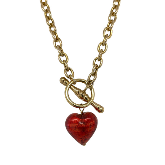 9ct Gold & Red Heart Bead 17" Belcher T Bar Necklace