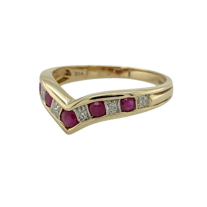 Add a touch of elegance and symbolism to your jewellery collection with this pre-owned 9ct yellow gold diamond and ruby wishbone ring, featuring a graceful design with vibrant colour—perfect for everyday wear or meaningful gifting.

Design: The ring features a classic wishbone shape, set with alternating rubies and diamonds that create a delicate balance of rich red tones and subtle sparkle.