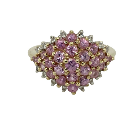 9ct Gold Diamond & Pink Sapphire Set Cluster Ring