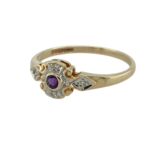 Add a touch of colour and sparkle to your jewellery collection with this pre-owned 9ct yellow and white gold diamond and amethyst cluster ring, featuring a delicate and elegant design—perfect for everyday wear or special occasions.

Design: The ring features a central amethyst surrounded by sparkling diamonds in a classic cluster formation, creating a soft contrast of rich purple tones and brilliant sparkle.