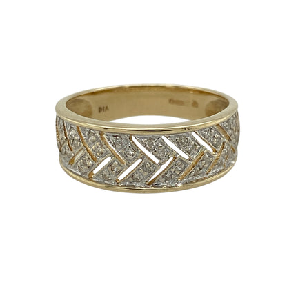 14ct Gold & Diamond Set Patterned Wide Band Ring