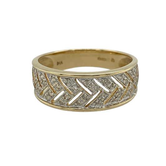 14ct Gold & Diamond Set Patterned Wide Band Ring