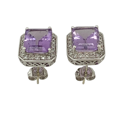 9ct White Gold Diamond & Amethyst Set Stud Earrings