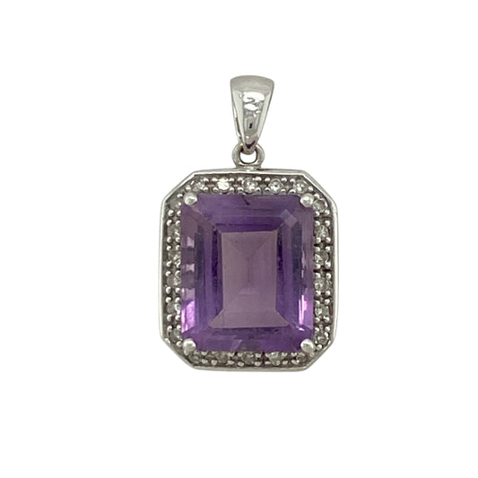 9ct White Gold Diamond & Amethyst Set Pendant