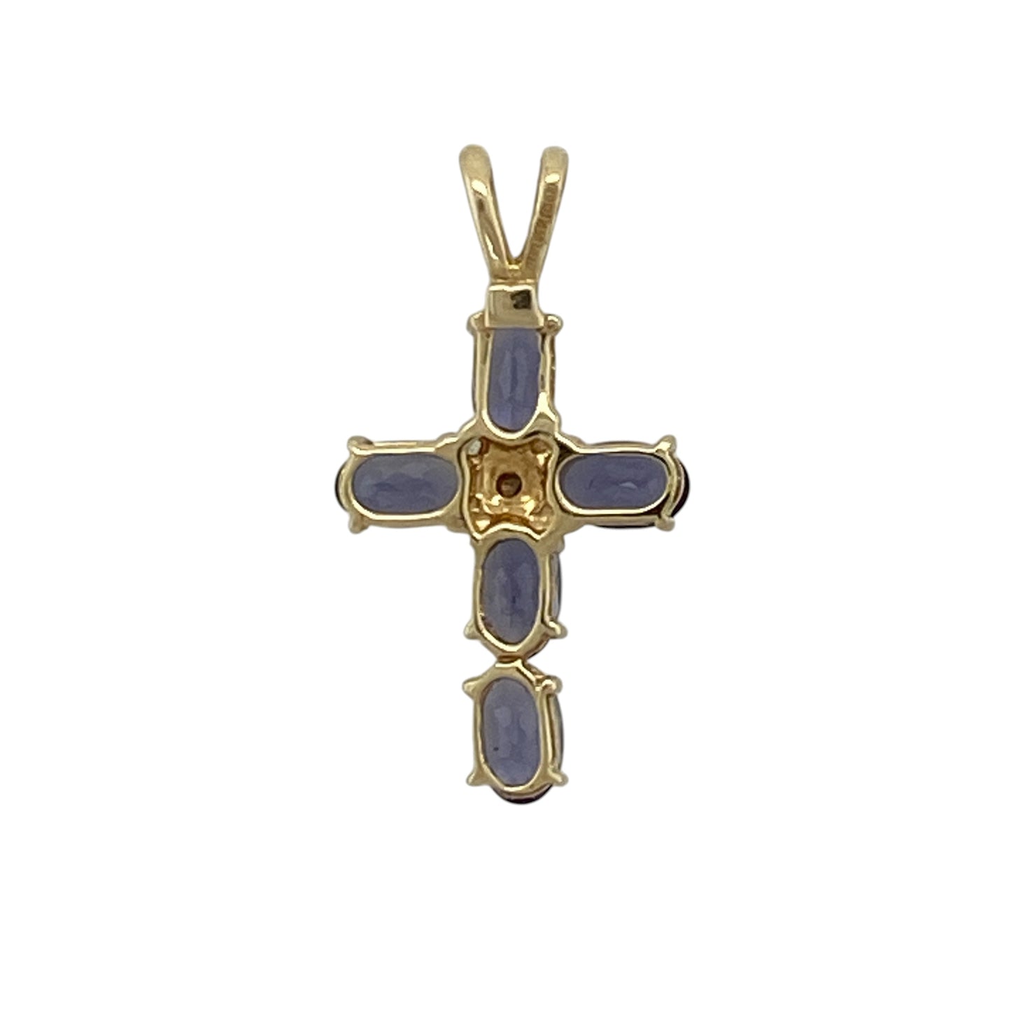 Add meaningful elegance and vibrant colour to your jewellery collection with this pre-owned 9ct yellow gold diamond and tanzanite cross pendant, featuring a refined design with eye-catching detail—perfect for everyday wear or special occasions.

Design: The pendant is styled as a cross, formed by five oval tanzanite stones each measuring approximately 5mm by 3mm, with a small diamond set at the centre for added sparkle and contrast.