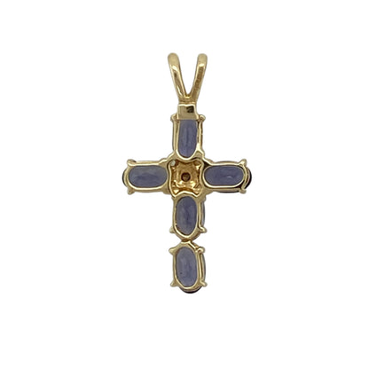 Add meaningful elegance and vibrant colour to your jewellery collection with this pre-owned 9ct yellow gold diamond and tanzanite cross pendant, featuring a refined design with eye-catching detail—perfect for everyday wear or special occasions.

Design: The pendant is styled as a cross, formed by five oval tanzanite stones each measuring approximately 5mm by 3mm, with a small diamond set at the centre for added sparkle and contrast.