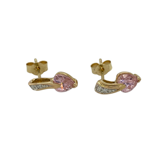 9ct Gold & Pink Cubic Zirconia Set Heart Stud Earrings