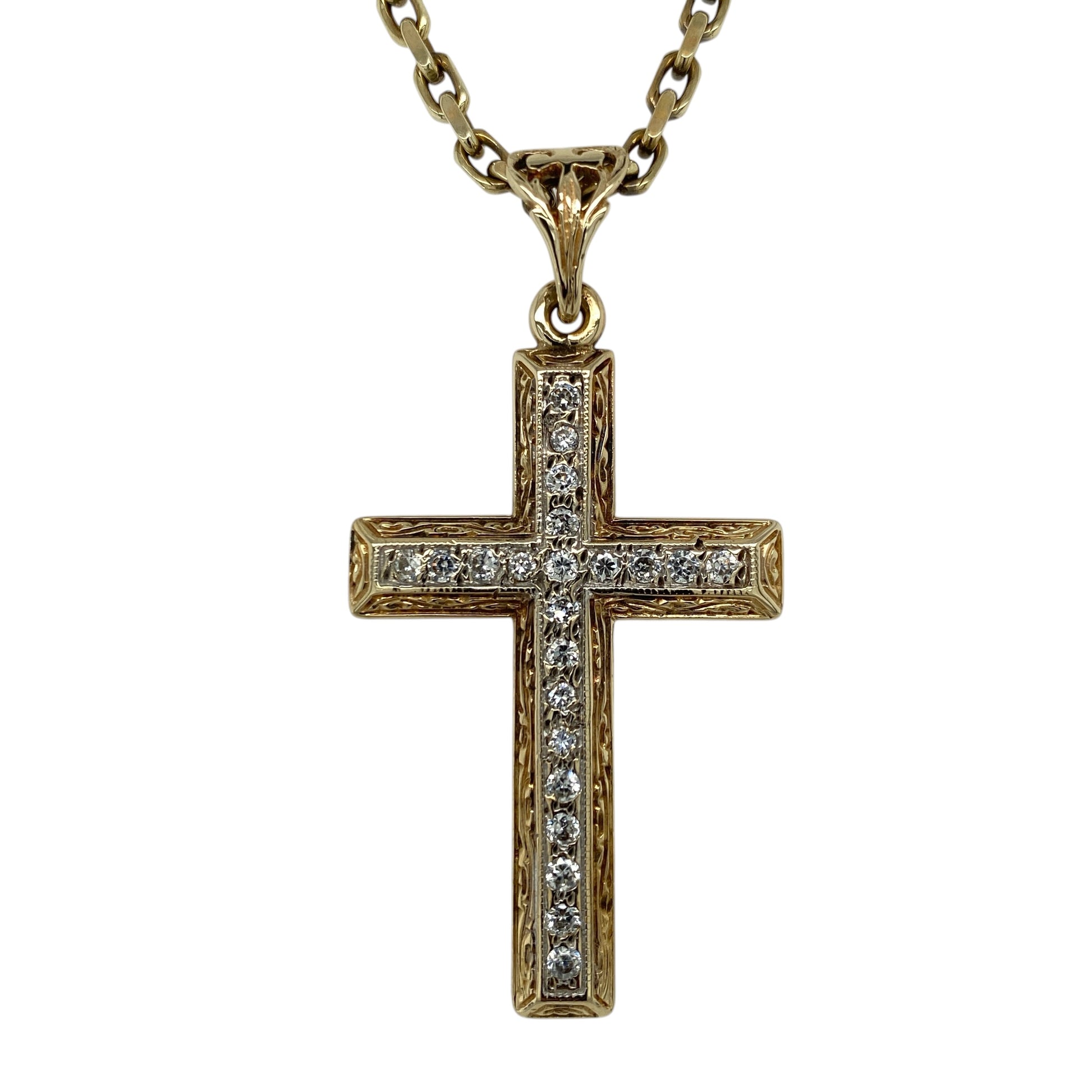 9ct Gold & Cubic Zirconia Set Patterned Large Cross 19" Necklace