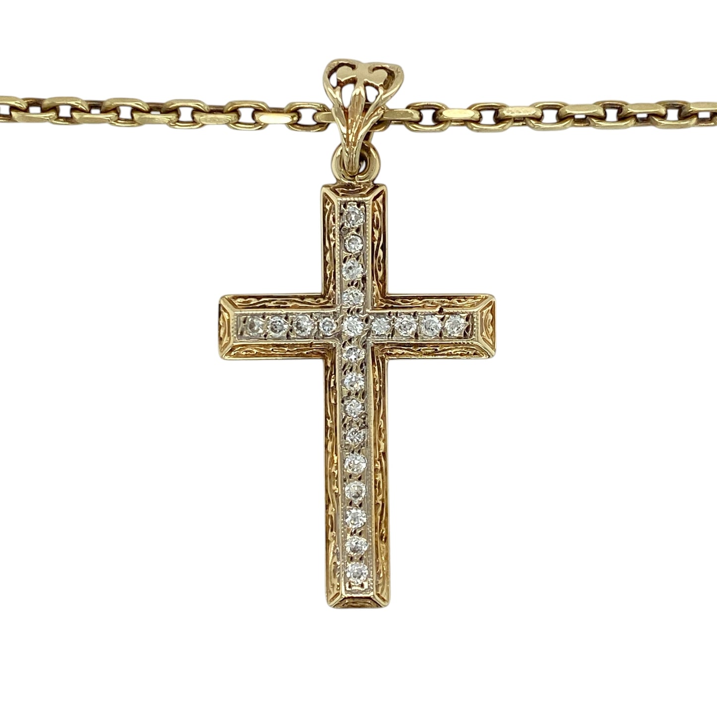 Make a bold statement of faith and style with this pre-owned 9ct yellow gold cubic zirconia patterned cross pendant necklace, featuring a large eye-catching design and brilliant sparkle—perfect for standout wear or meaningful gifting.

Design: The pendant is styled as a large cross with a patterned finish, set with cubic zirconia stones that add striking brilliance and enhance its detailed appearance.
