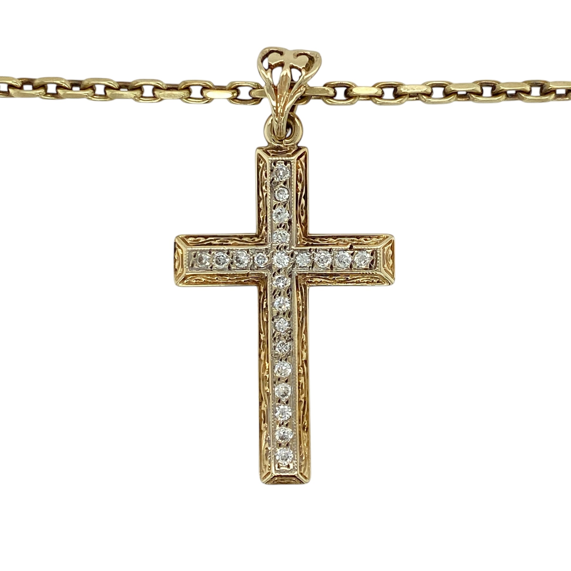 Make a bold statement of faith and style with this pre-owned 9ct yellow gold cubic zirconia patterned cross pendant necklace, featuring a large eye-catching design and brilliant sparkle—perfect for standout wear or meaningful gifting.

Design: The pendant is styled as a large cross with a patterned finish, set with cubic zirconia stones that add striking brilliance and enhance its detailed appearance.