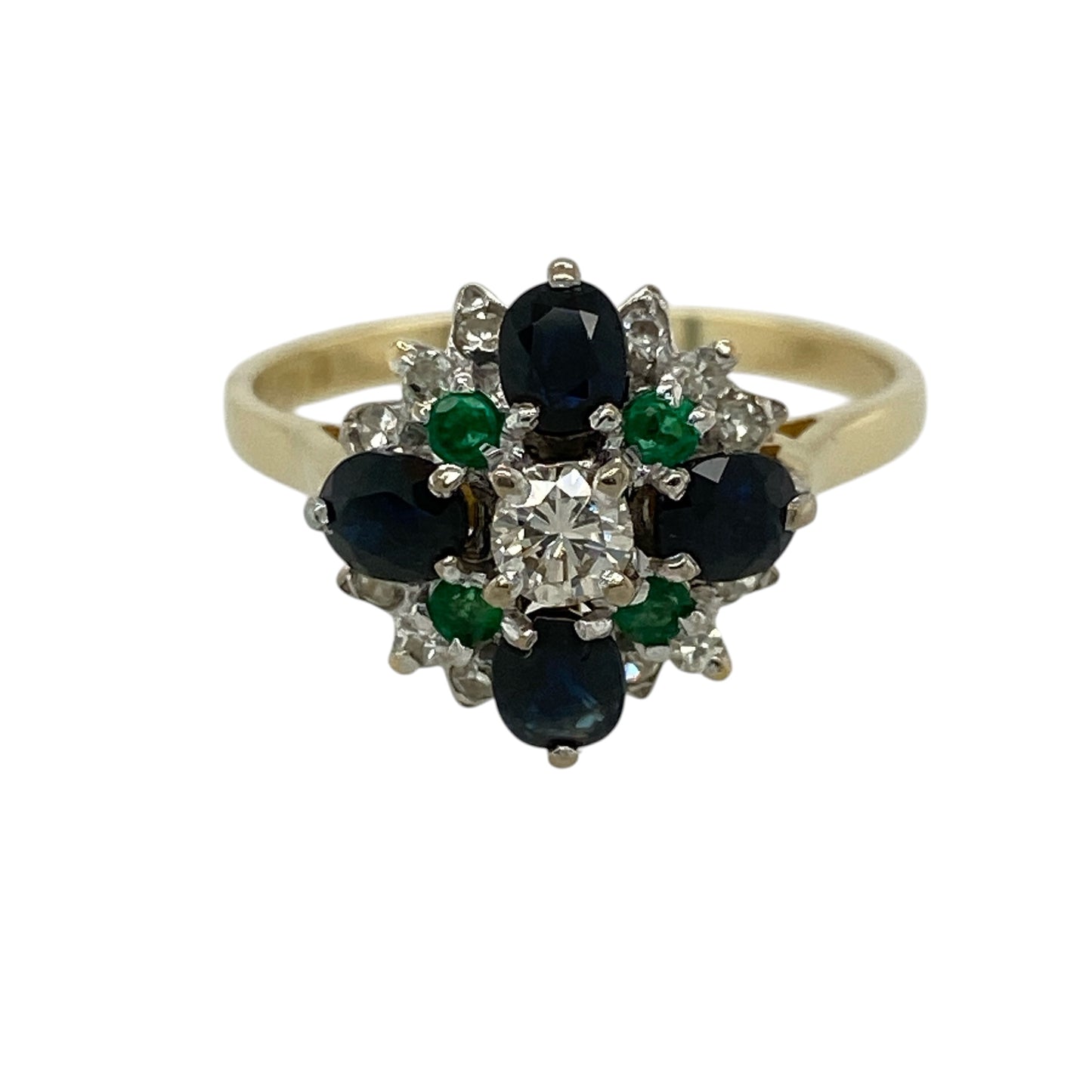18ct Gold Diamond Sapphire & Emerald Set Cluster Ring