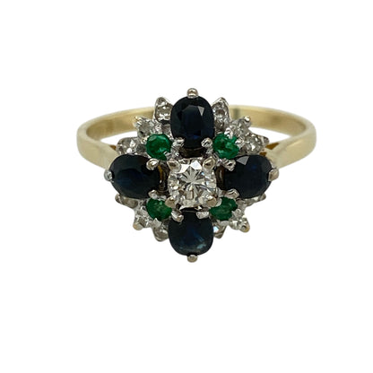18ct Gold Diamond Sapphire & Emerald Set Cluster Ring