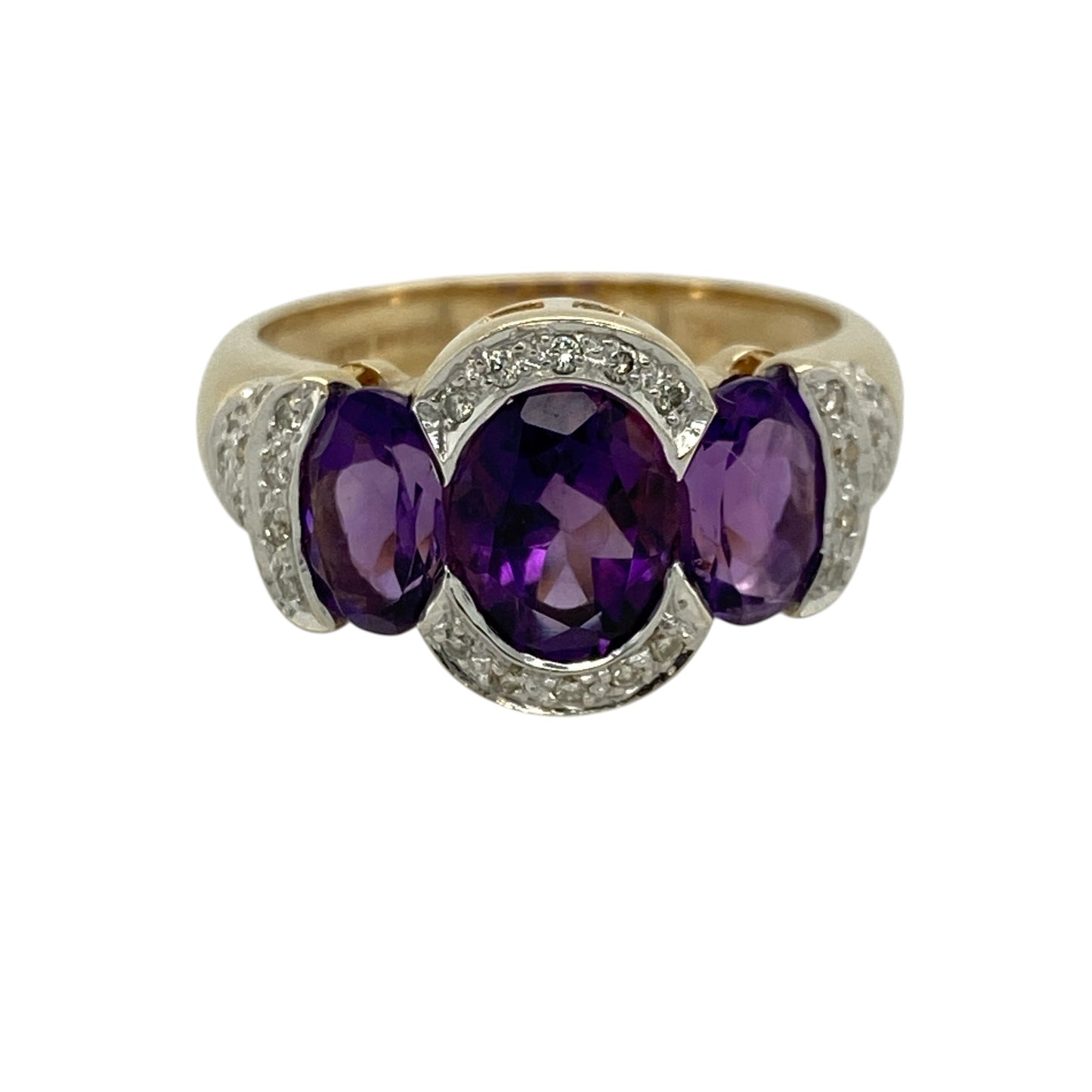 9ct Gold Diamond & Amethyst Set Trilogy Dress Ring
