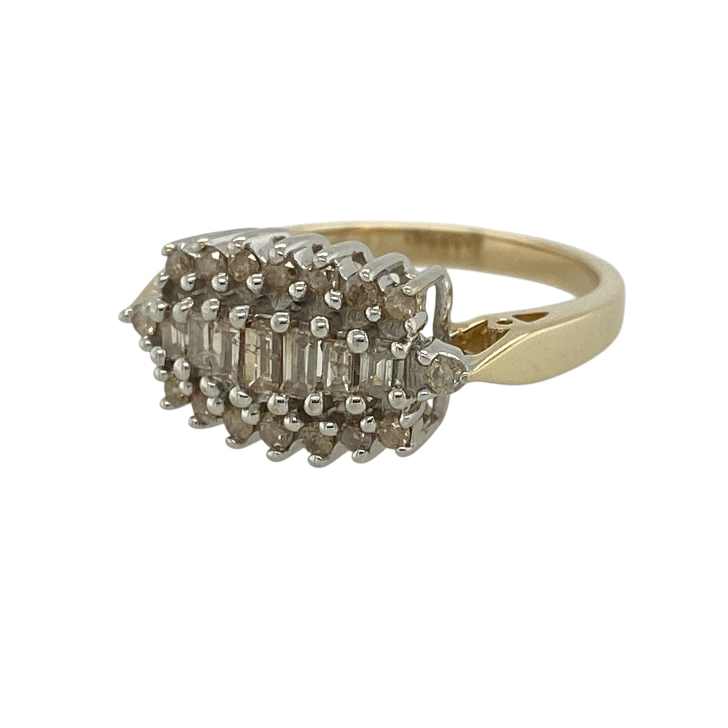 Add bold sparkle and timeless elegance to your jewellery collection with this pre-owned 9ct yellow gold diamond cluster ring, featuring a striking design with impressive brilliance—perfect for special occasions or statement wear.

Design: The ring features a cluster of baguette-cut diamonds at the centre, surrounded by brilliant-cut diamonds, creating a layered and eye-catching display of sparkle.