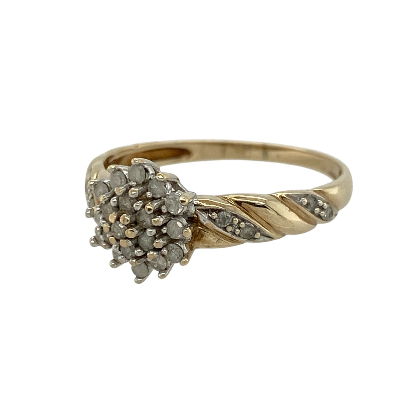 Add elegant sparkle and flowing design to your jewellery collection with this pre-owned 9ct yellow and white gold diamond cluster ring, featuring a graceful twist detail and refined brilliance—perfect for special occasions or everyday wear.

Design: The ring showcases a diamond cluster at the centre, with additional diamonds set along the twisted shoulders, creating a beautiful blend of sparkle and movement.