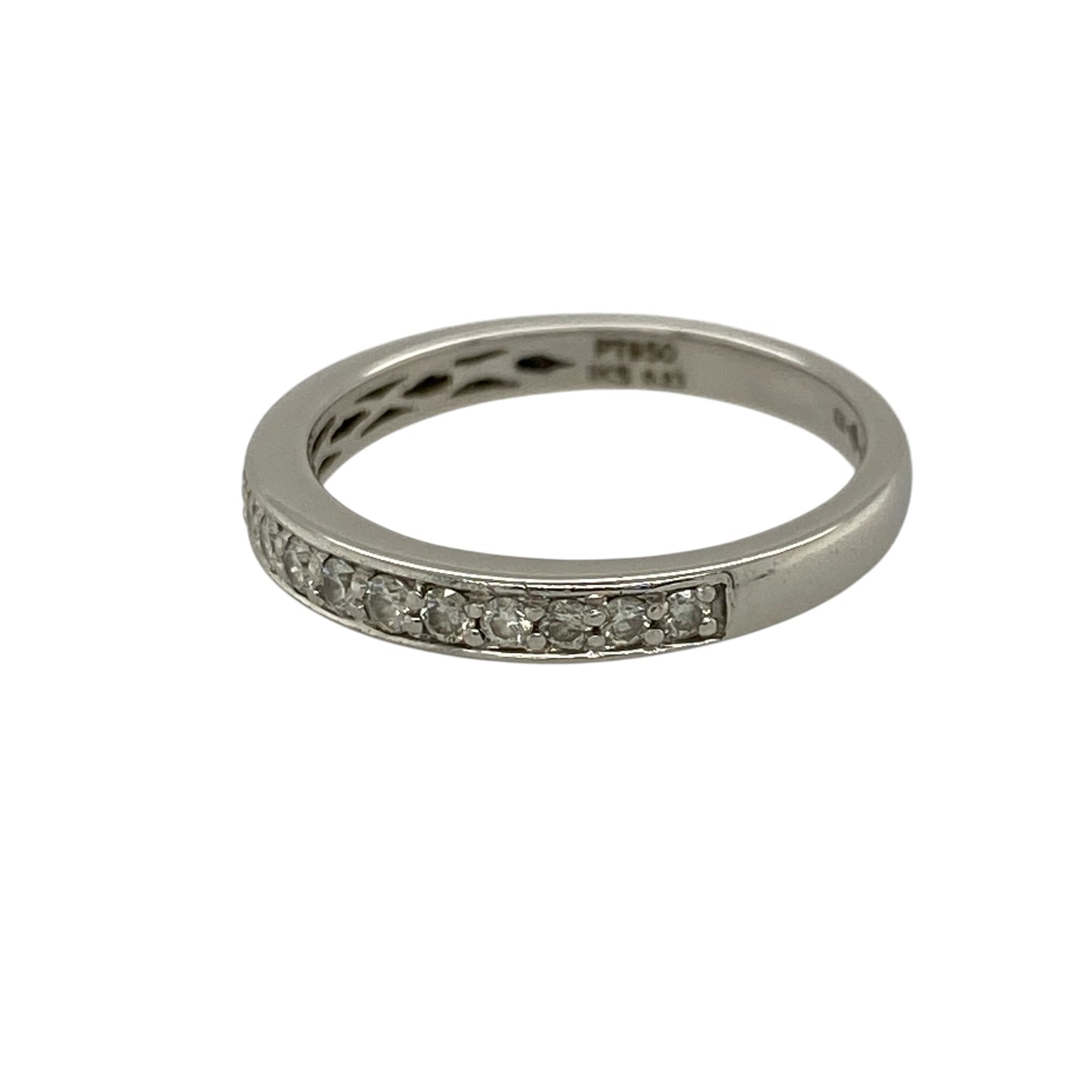 Add understated elegance to your jewellery collection with this pre-owned platinum diamond set band ring, featuring a refined design and subtle sparkle—perfect for everyday wear or stacking.

Design: The ring features a slim band set with diamonds totalling approximately 0.23ct, offering a delicate line of brilliance across the front.
Material: Made from platinum, the naturally bright finish enhances the sparkle of the diamonds while providing a durable and premium feel.