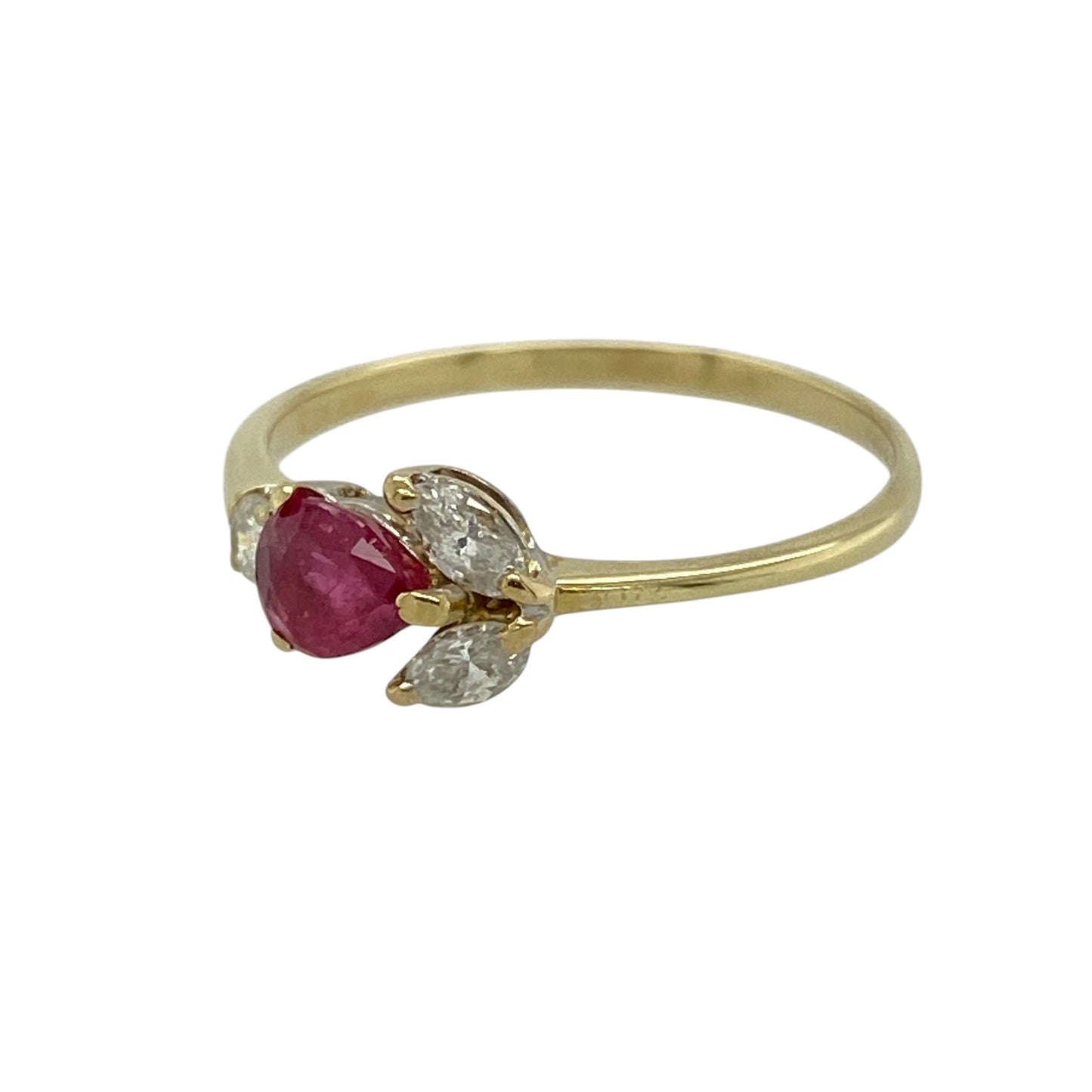 Add delicate elegance and natural-inspired charm to your jewellery collection with this pre-owned 18ct yellow gold diamond and ruby leaf style ring, featuring a graceful design with refined sparkle—perfect for everyday wear or special occasions.

Design: The ring features a teardrop-shaped ruby measuring approximately 5mm by 4mm, complemented by two marquise-cut diamonds and a single brilliant-cut diamond, arranged in a flowing leaf-inspired formation.