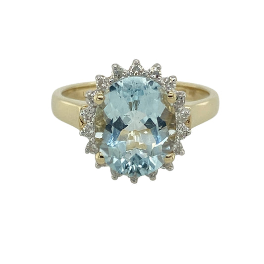 9ct Gold Diamond & Aquamarine Set Cluster Ring