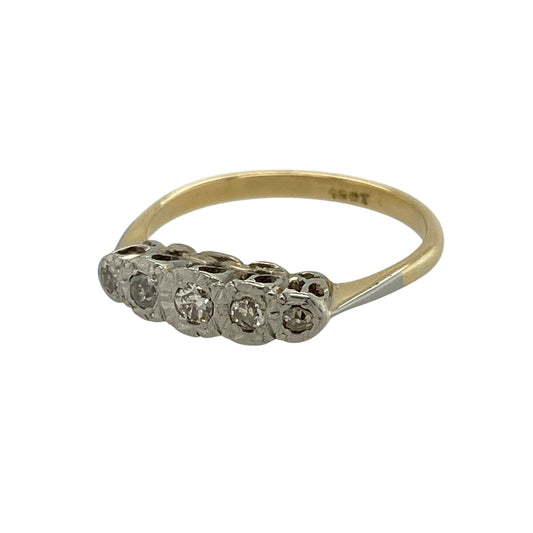 Add timeless elegance and classic sparkle to your jewellery collection with this pre-owned 18ct yellow and white gold diamond five stone ring, featuring a refined design with lasting appeal—perfect for special occasions or everyday wear.

Design: The ring showcases five diamonds arranged across the front, creating a balanced and elegant display of brilliance in a traditional five stone style.