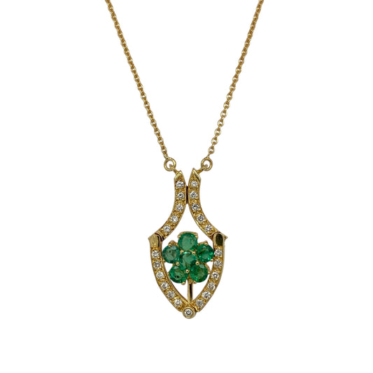 18ct Gold Diamond & Emerald Set Flower 15" - 16.5" Necklace