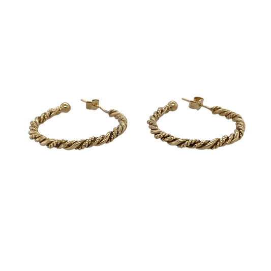 Add bold texture and timeless style to your jewellery collection with these pre-owned 9ct yellow gold twisted half hoop stud earrings, featuring a classic design with a statement finish—perfect for everyday wear or standout styling.

Design: The earrings feature a twisted half hoop design with a rope-like effect, measuring approximately 27mm in diameter, creating a striking and eye-catching look.