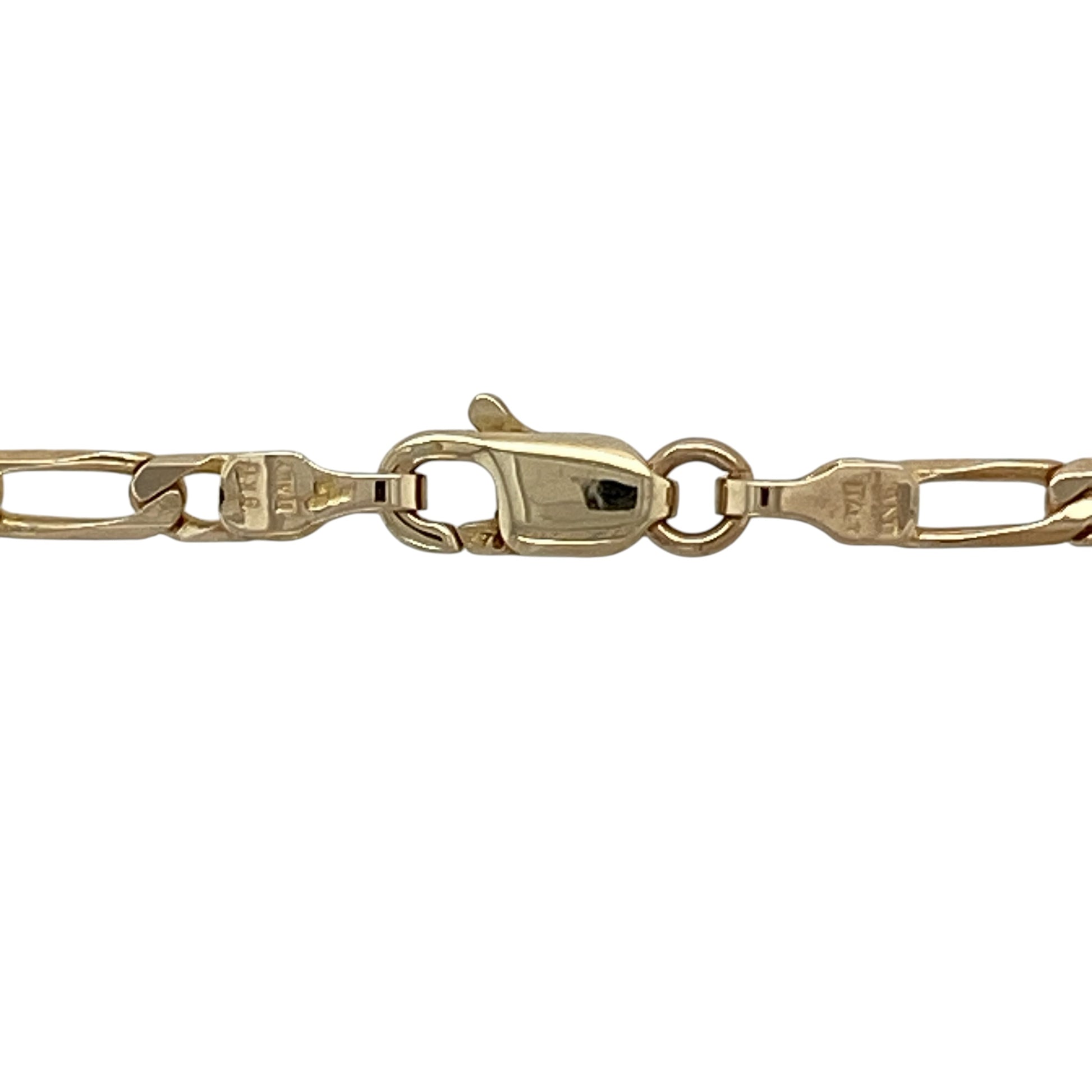 Add classic Italian-inspired style to your jewellery collection with this pre-owned 9ct yellow gold Figaro chain, featuring a timeless link pattern and versatile length—perfect for everyday wear or layering.

Design: The chain showcases the traditional Figaro pattern, with alternating short and elongated links that create a distinctive and elegant look.
Material: Made from 9ct yellow gold, the polished finish enhances the warm tone of the metal, giving a refined and classic appearance.