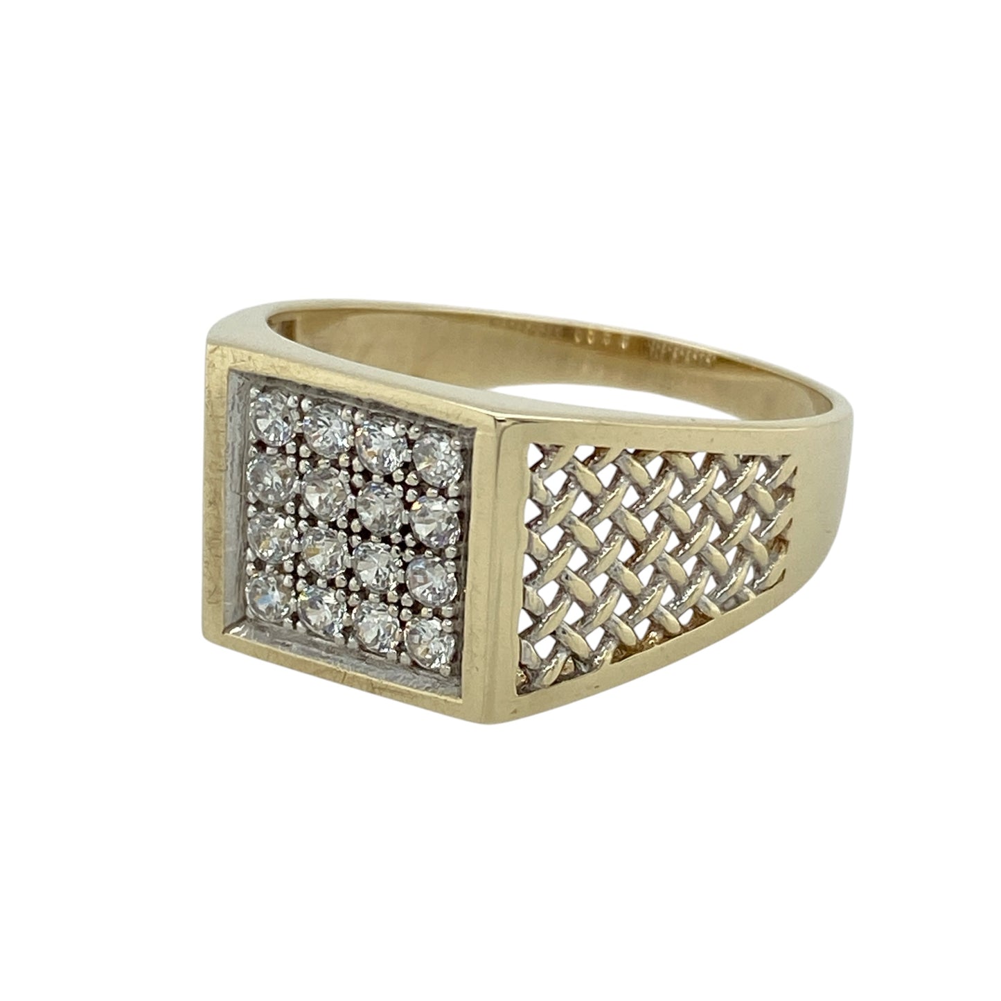 Add bold style and modern sparkle to your jewellery collection with this pre-owned 9ct yellow and white gold cubic zirconia signet ring, featuring a striking design with detailed shoulders—perfect for statement wear or everyday styling.

Design: The ring showcases a signet-style face measuring approximately 12mm high, set with cubic zirconia stones for a bright and eye-catching finish. 