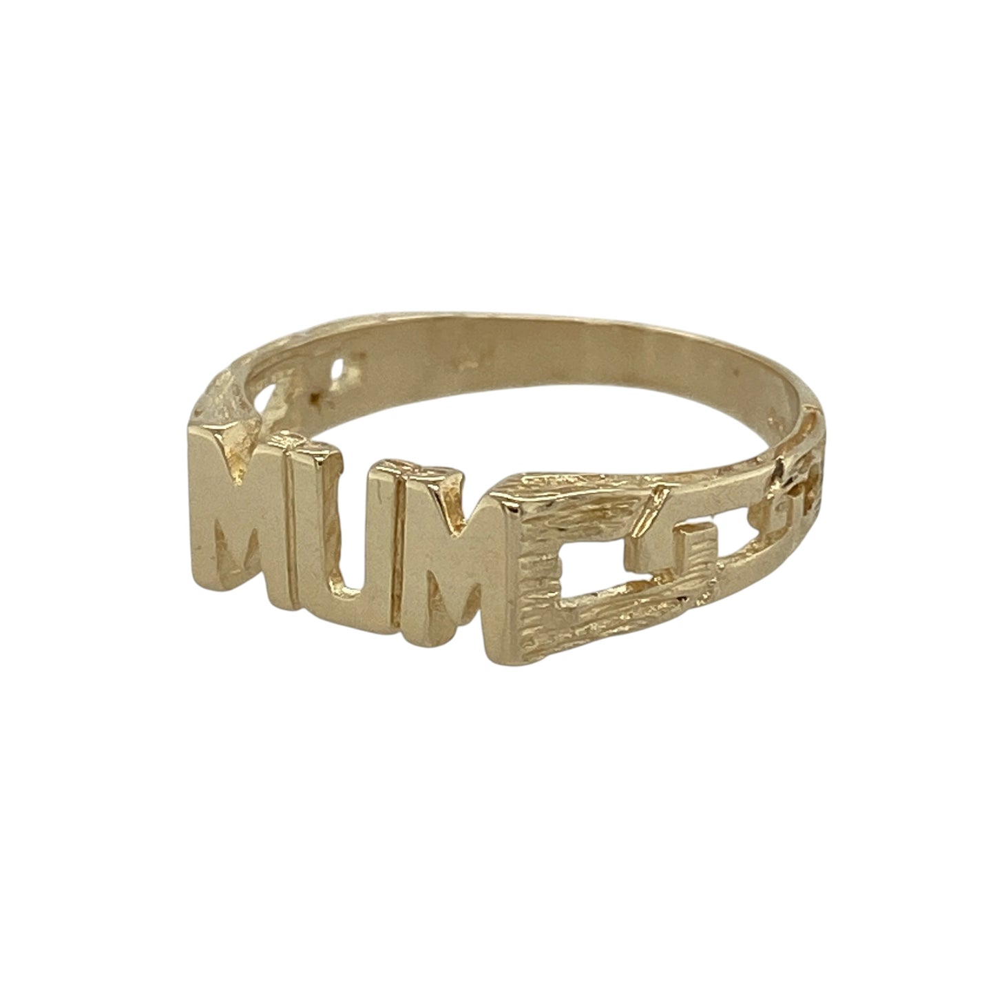 Celebrate a special bond with this pre-owned 9ct yellow gold “Mum” ring, featuring a sentimental design with classic styling—perfect for everyday wear or as a meaningful gift.

Design: The ring features a “Mum” script at the front, measuring approximately 5mm high, creating a heartfelt and recognisable focal point.
Material: Made from 9ct yellow gold, the polished finish enhances the warm tone of the metal while highlighting the delicate lettering.