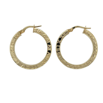 9ct Gold Roman Numeral Patterned Hoop Creole Earrings