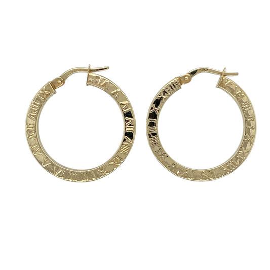 9ct Gold Roman Numeral Patterned Hoop Creole Earrings