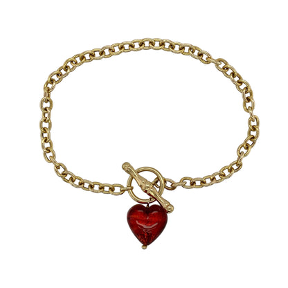 9ct Gold & Red Stone Heart 7" Belcher T Bar Bracelet