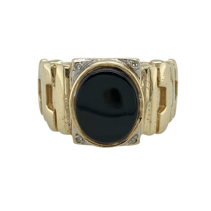 9ct Gold Diamond & Onyx Set Signet Ring