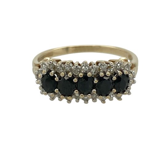 9ct Gold Diamond & Sapphire Set Cluster Band Ring