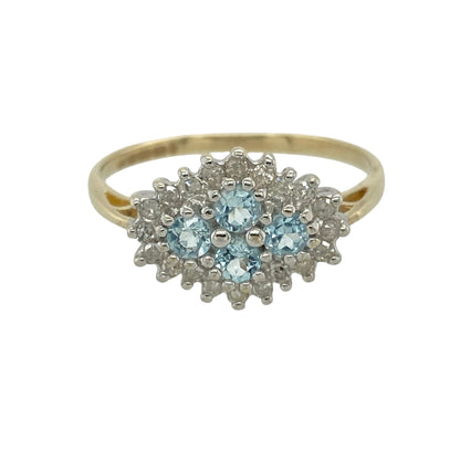 9ct Gold Diamond & Aquamarine Set Cluster Ring