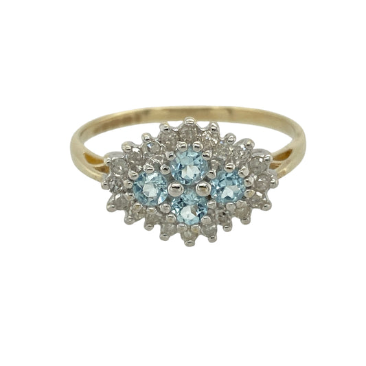 9ct Gold Diamond & Aquamarine Set Cluster Ring
