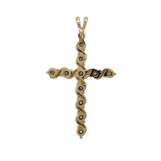 Add meaningful style and elegant detail to your jewellery collection with this pre-owned 9ct yellow gold diamond set twisted cross pendant, featuring a distinctive design with refined sparkle—perfect for everyday wear or special occasions.

Design: The pendant is styled as a cross with a twisted design, creating a sense of movement and texture, enhanced by diamond accents for added brilliance.