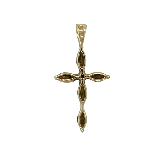 Add elegant colour and meaningful style to your jewellery collection with this pre-owned 9ct yellow gold diamond and sapphire cross pendant, featuring a refined and eye-catching design—perfect for everyday wear or special occasions.

Design: The pendant is styled as a cross, formed from marquise-cut sapphires that create a graceful and distinctive shape, with a small diamond set at the centre for added sparkle.