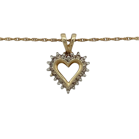 Add a romantic touch of sparkle to your jewellery collection with this pre-owned 9ct yellow gold diamond set open heart pendant necklace, featuring a timeless and elegant design—perfect for everyday wear or meaningful gifting.

Design: The pendant is styled as an open heart, accented with diamonds that add a delicate and eye-catching brilliance.
Material: Made from 9ct yellow gold, the polished finish enhances the warm tone of the metal while complementing the sparkle of the diamonds.